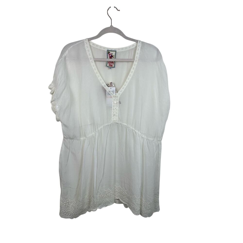NWT Johnny Was White Sheer Tunic Eyelet Trim Babydoll Size 2X Boho Rayon